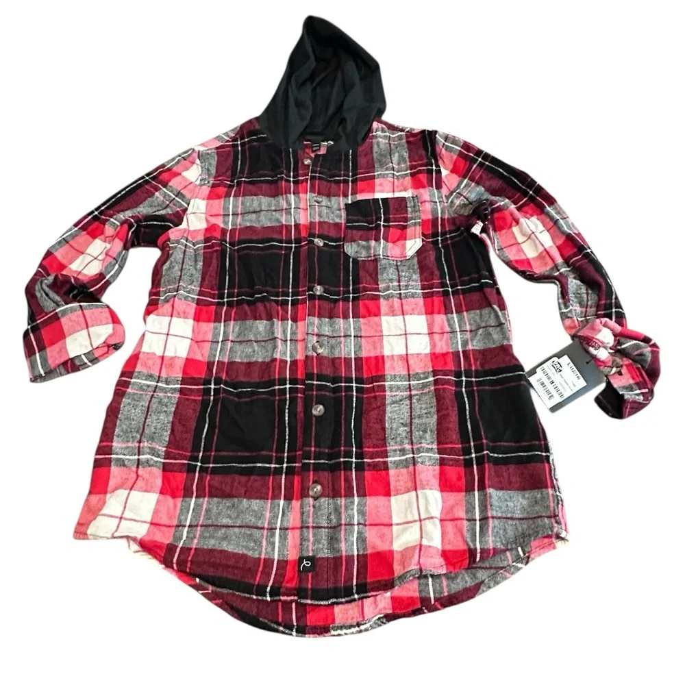 Art Class Boys Flannel Hoodie Shirt Red Black Plaid Size L (12/14) NWT
